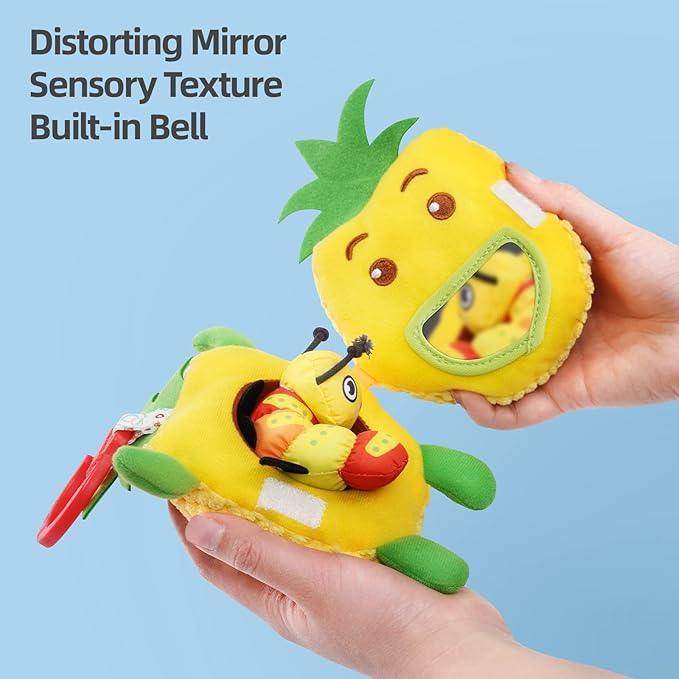 Jollybaby Newborn Plush Stuffed Fruit Rattle Toy for Stroller Car Seat Crib, Montessori Sensory Plush Pineapple Toy with Rattle and Mirro Toy for Baby 0-6-12 Month, Infant Baby Boy & Girl Shower Gift
