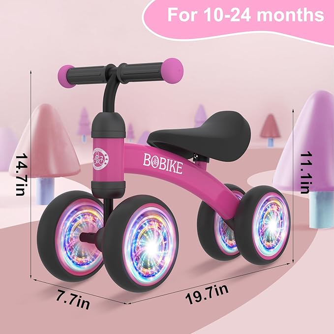 Baby Balance Bike Toys for 12-36 Months Kids Toy Boy and Girls Gifts Toddler Best First Birthday Gift Children Walker No Pedal Infant 4 Wheels Bicycle (Colorful, Rose Red-Light)