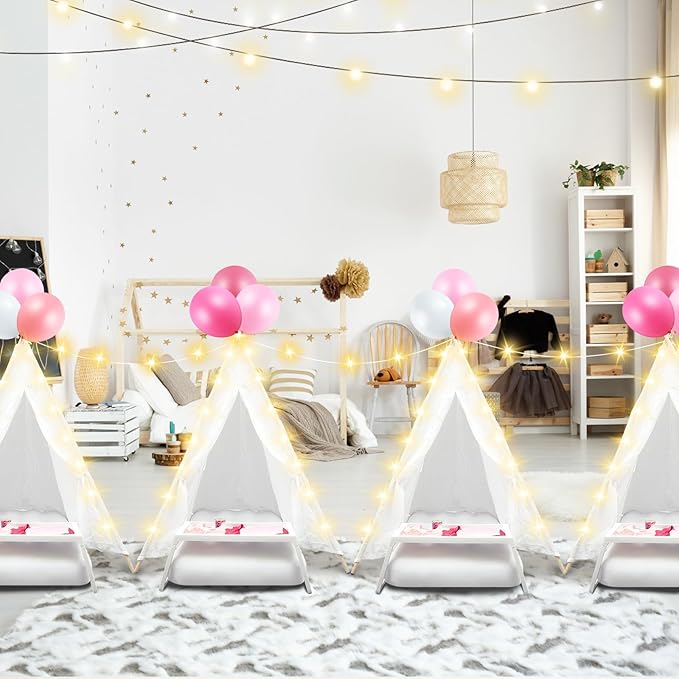 8 Pack Sleepover Tent for Girls Party,Teepee Tent for Kids Slumber Party Bulk with Light String,Air Mattress,Fitted Sheet,Washable Natural Cotton Toddler Teepee Indoor Outdoor(White)