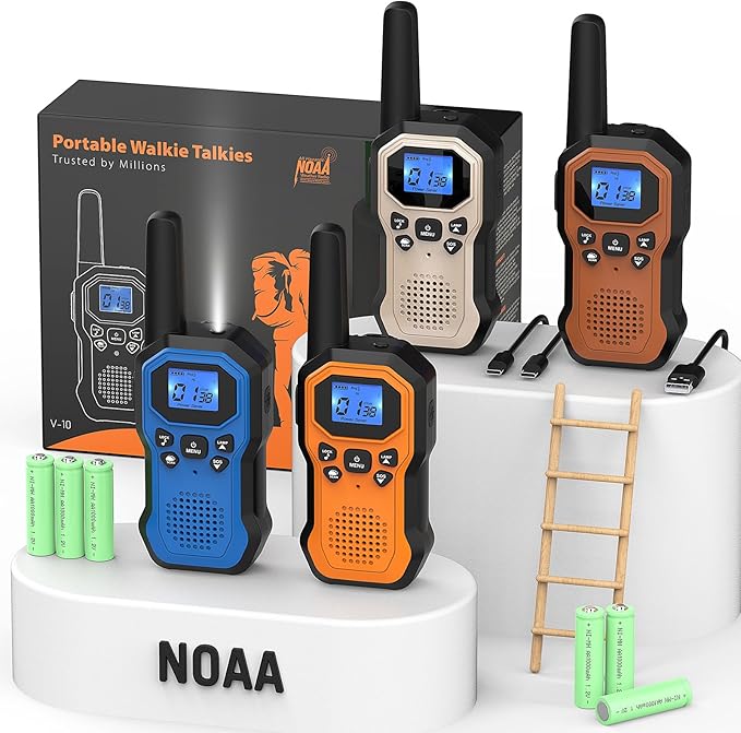 2 Way Radios for Adults Long Range Walkie Talkies for Kids Rechargeable 4 Pack, Camping Hiking Skiing Cruising Gear with Lamp, USB-C, SOS Siren, NOAA Alert, iVOX Hands-Free, One-Touch Pairing