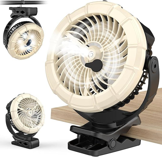 Ausic 3-in-1 Portable Clip on Fan with Misting & LED Lights & Hook, 100ML Baby Stroller Fan, 5200mAh Rechargeable Battery Operated & 360° Rotation & 3 Speeds for Table Outdoor Travel Camp Golf Cart