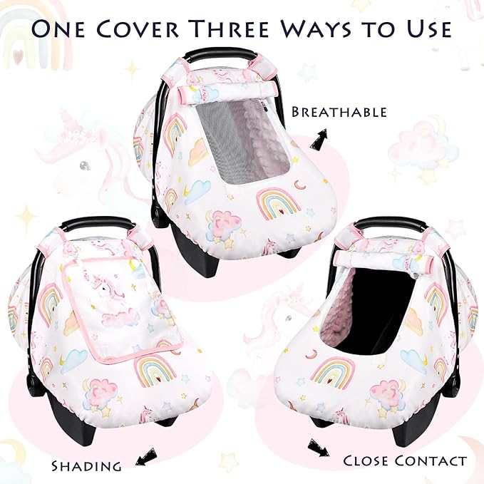 Baby Carseat Cover Girls, Pea Pod Unicorn Infant Car Seat Covers Canopy for Newborn with 2 Layers Windows of Breathable Mesh/Fabric, Lightweight Polyester/Minky Dot Backing, Snug Fit