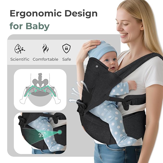 FRUITEAM 6-in-1 Baby Carrier with Hip Seat for Breastfeeding, All Seasons, All Position Adjustable Baby Chest Carrier with Lumbar Support, Adapt to Newborn, Infant & Toddler (Cool Black)
