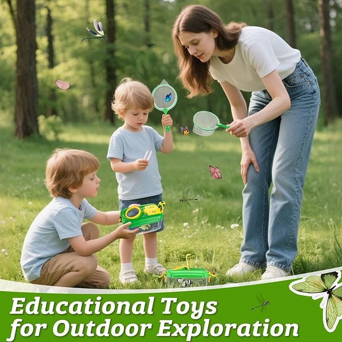 2 Set Bug Catcher for Kids- Educational Bug Catching Kit Including Butterfly Net, Insect Clip, Tweezer, Outdoor Toys for Kids Ages 3-10 (Green)