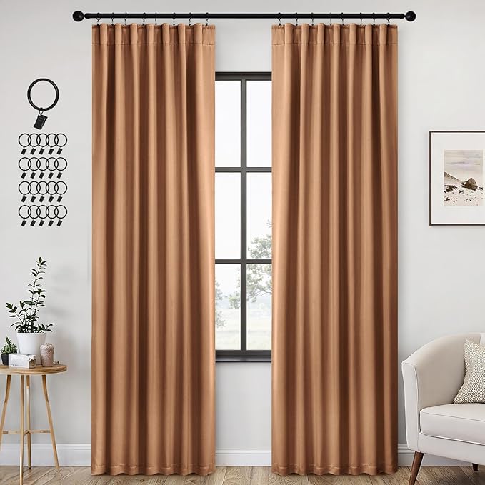 ANRODUO Back Tab Blackout Curtains for Bedroom Living Room, Rod Pocket Pinch Pleated Thermal Insulated Room Darkening Curtains 84 Inches Long 2 Panels, Brown, 42 x 84 Inch
