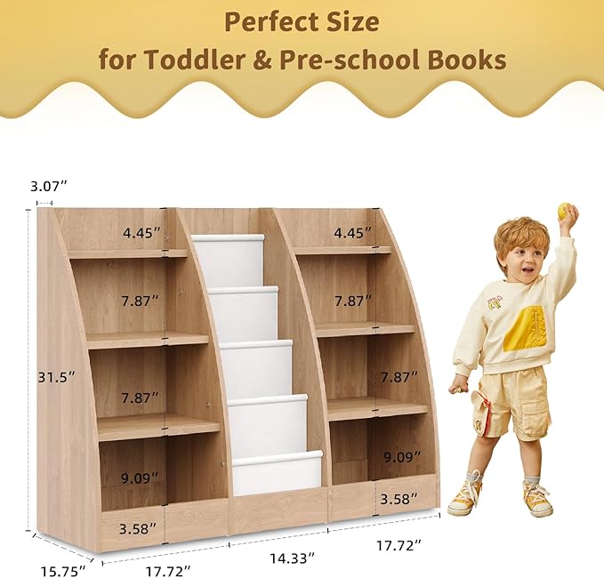 4 Tier Kids Bookshelf, 4 Layer Sling Kids Book Shelf for Kids Rooms, XXL Wood Children Bookcase,Baby Storage Book Rack,Toddler Bookshelf, Book and Toy Organizer,Book Display Shelf Burlywood