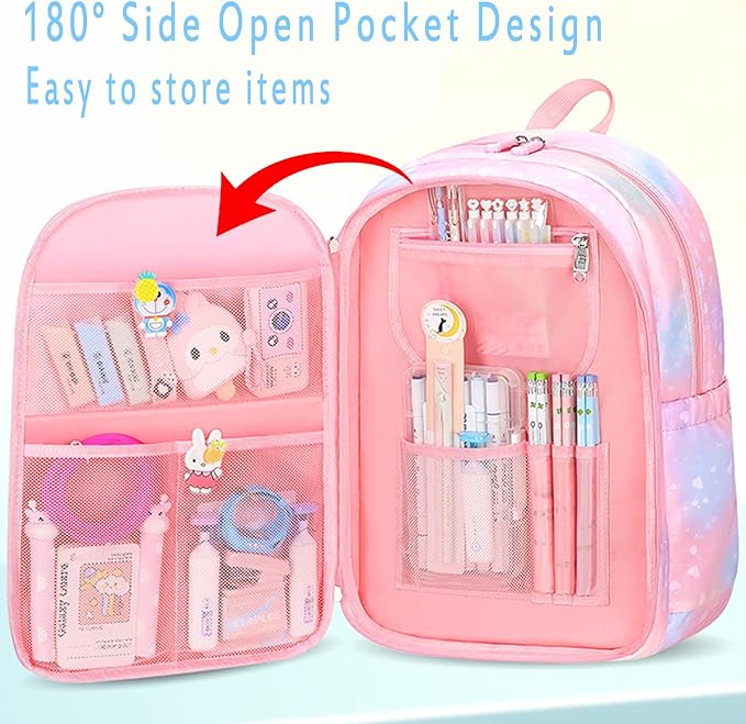 Kawaii Backpack, Pink Backpack for Girls, Kid Starry Rainbow Bookbag, Cute Backpack for Kids, Aesthetic Backpack, Pink(3 PCS Set)