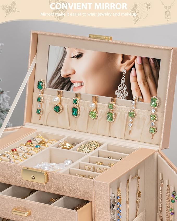 AKOZLIN Large 4-Tier Jewelry Box Leather Jewelry Storage Organizer with 3 Drawers Lockable for Women Girls Ring Necklace Earring Bracelet Watches Holder with Mirror Champagne