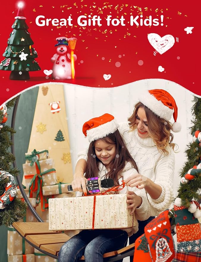 Amazmic Kids Karaoke Microphone Machine Toy Bluetooth Microphone Portable Wireless Karaoke Machine Handheld with LED Lights, Gift for Children Adults Birthday Party, Home KTV(Black Gold)