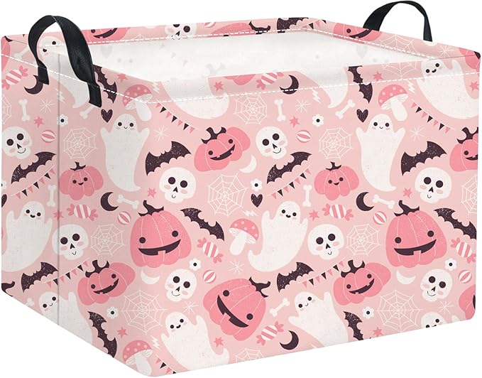 HIYAGON Rectangular Halloween Basket for Boys and Girls Kids Trick or Treat Pumpkin Basket for Halloween Parties Cute Storage Bin Organizer Box Room Decor(Pink ghost pumpkin)