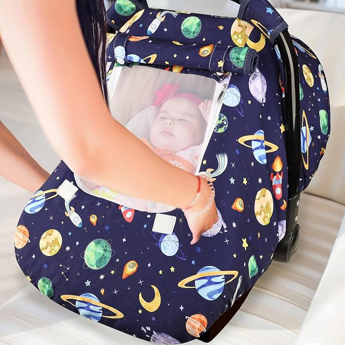 Baby Carseat Cover Winter, Pea Pod Infant Car Seat Covers Canopy for Newborn with 2 Layers Windows of Breathable Mesh/Fabric, Lightweight Polyester/Minky Dot Backing, Snug Fit Most Baby Car Seat
