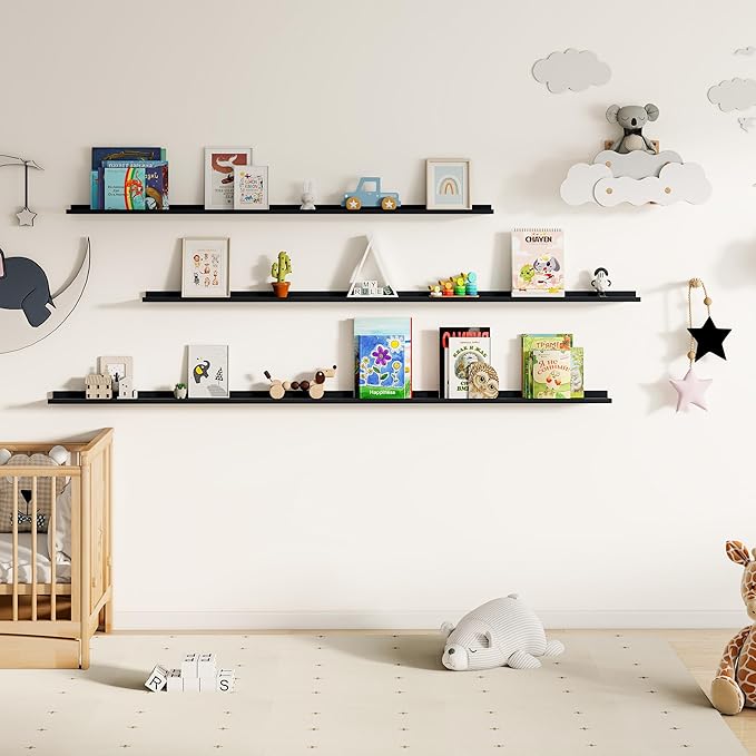 Floating Picture Ledge Shelves for Wall Set of 2, 72 Inches Picture Ledge Shelf with Long Large Nursery Book Shelf for Toys Storage Kids Bookshelf Wall Mounted Living Room Bedroom Decor Frames, Black