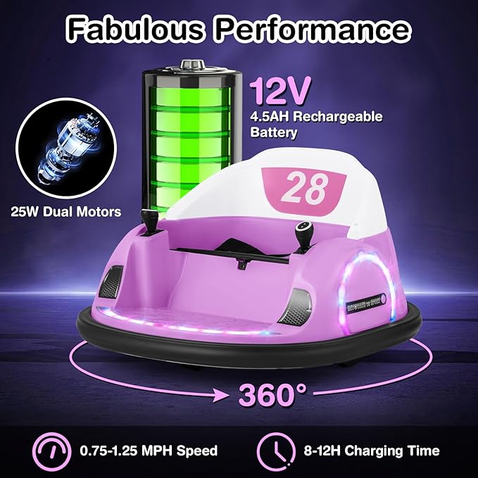 GLACER 12V Bumper Car, Electric Kids Bumper Car w/Parental Remote, 3-Speed, 360°Spin, Music, LED Light, Battery Ride on Bumper Car w/Dual Joysticks, Baby Bumper Car for Toddlers 18 Months+ (Pink)