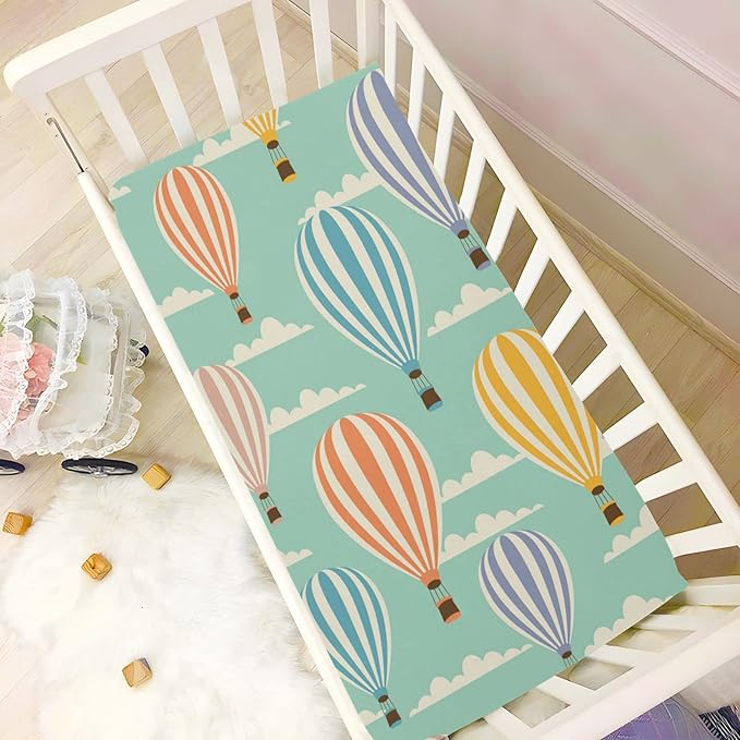 Hot Air Balloon Clouds Crib Sheets for Boys and Girls, Fitted Baby Crib Sheets Soft and Breathable Mini Crib Sheets 52 X 28 X 9 Inches