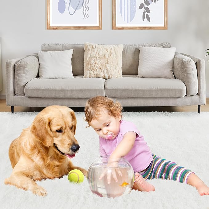 Fluffy White Rugs for Bedroom, 5x7 Plush Cream Area Rugs for Living Room, Non-Slip Shag Floor Carpet for Kids Room, Girls Room, Bedside, Playroom, Indoor Decor