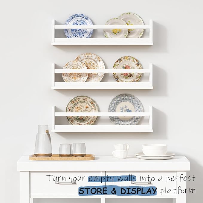 24 Inch White Wall Bookshelf for Kids Room, Floating Nursery Book Shelves Wall Mounted with Lip and Hanging Rod for Baby Girl Boy Bedroom, Large Corner Hanging Children Bookshelves -Set of 3