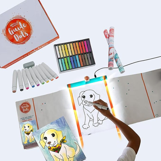 Guide Dots Kid’s Discover Art Kit with Light Up Bright Board – Children’s Drawing Kit – Video Instructions – Art Supplies, Markers, Chalk Pastels – Gift for Boys & Girls – Ages 4-7