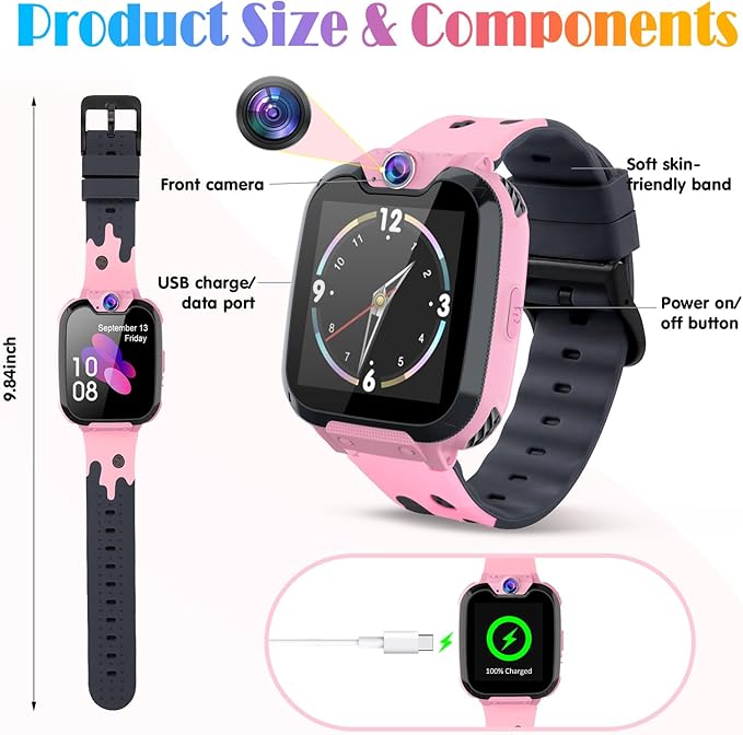 Goodatech Smart Watch for Kids Boys Girls Learning Toys with 16 Games Phone Call SOS, Camera Voice Music Player Recorder Alarm Clock,4-12 Years Birthday (Pink)