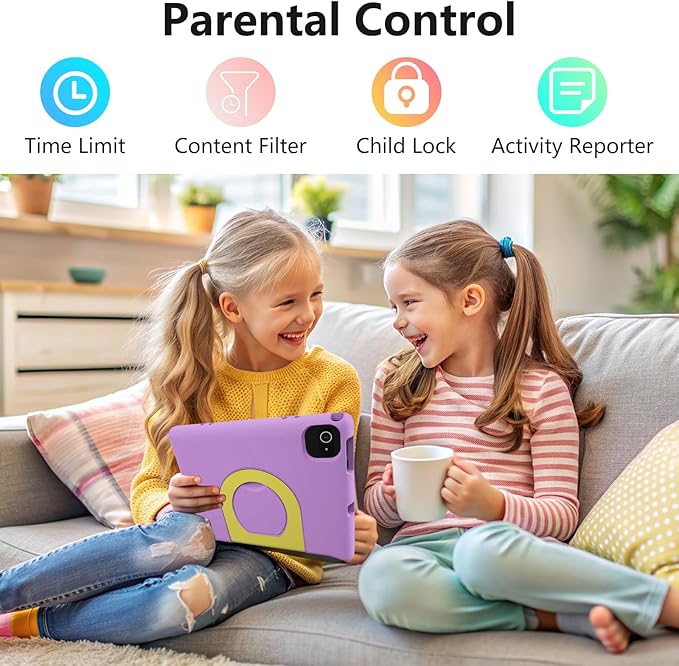 JREN Kids Table 10.1" ｜Android 14 Tablet for Kids｜64GB Storage｜Octa-Core｜WiFi ｜Cameras｜Parental Control｜Kids Content｜Case Included Great Gift for Children Ages 3-12 Years Old Purple