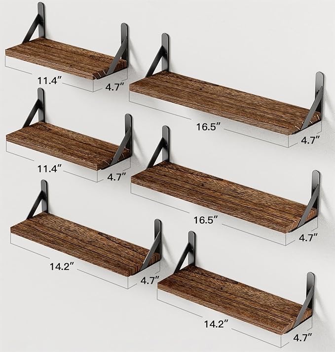 AMADA HOMEFURNISHING Wall Shelves Set of 6, Rustic Farmhouse Floating Shelves for Bedroom, Bathroom & Living Room, Brown Wood