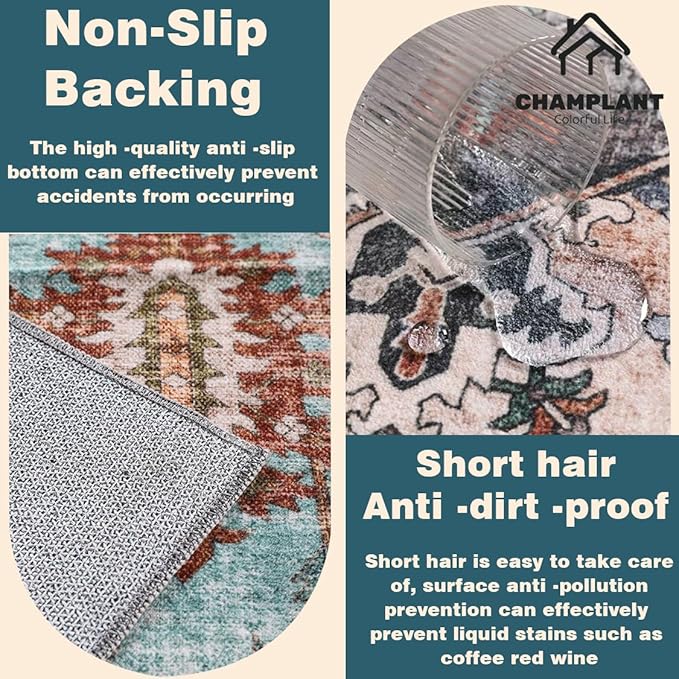 3'x5' Vintage Red Blue Washable Thin Area Rug Traditional Floor Cover Foldable Indoor Distressed Non Slip Carpet Floral Print Mat Bedroom Living Room Bathroom