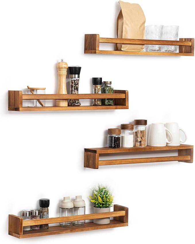 Fun Memories Nursery Book Shelves - Rustic Natural Solid Wood Floating Bookshelf for Kids - Wall Book Shelves for Kids Room (Carbonized, 24inch - 4P)