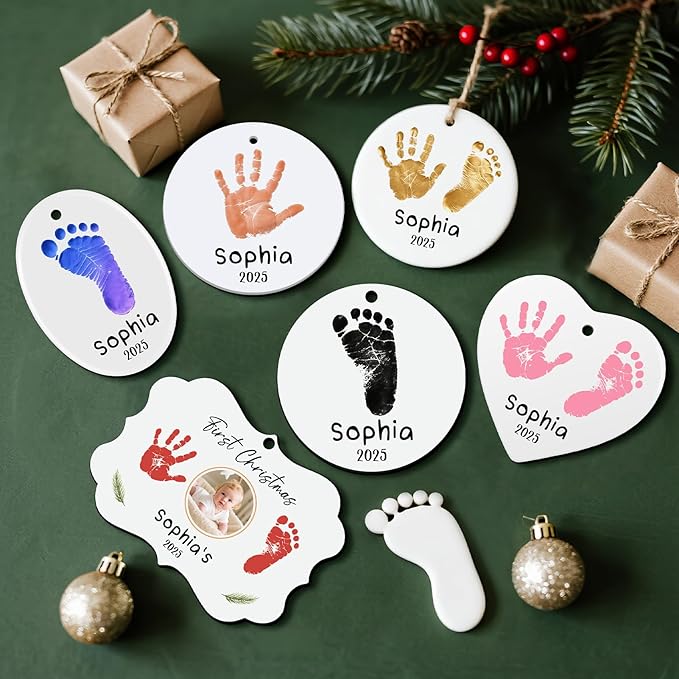 Baby Hand and Footprint Ornament - Baby's Frist Christmas Ornament with Custom Photo, Name, Date - Personalized Baby Gift, Newborn Keepsake, New Mom Gifts