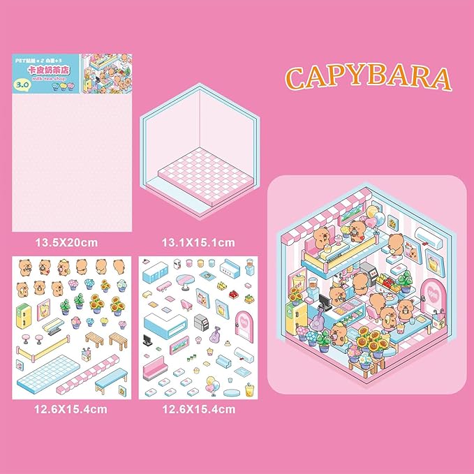 4 Sets DIY 3D House Stickers,Make Your Own Warm Home,Fun Cute Cartoon Stickers Scene Make Your Own Mini Room Scenes Miniature Supermarket for Relief Stress Pass The Time