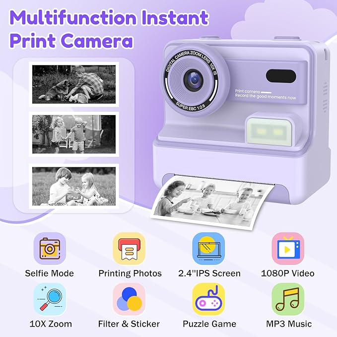 Instant Camera, Instant Print Camera for Kids with 1080P Videos, Front Rear Dual Selfie, 3 Rolls Print Paper & 32GB SD Cards, Christmas Birthday Gifts for Girls Age 3-12