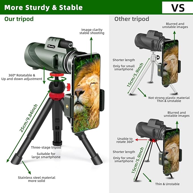 40X60 Monocular Telescope with Smartphone Holder& Tripod, High Power Nitrogen-Filled Monocular for Adults with BAK4 Prism & FMC Lens, HD Monocular Scope for Birdwatching Hiking Concert Travelling