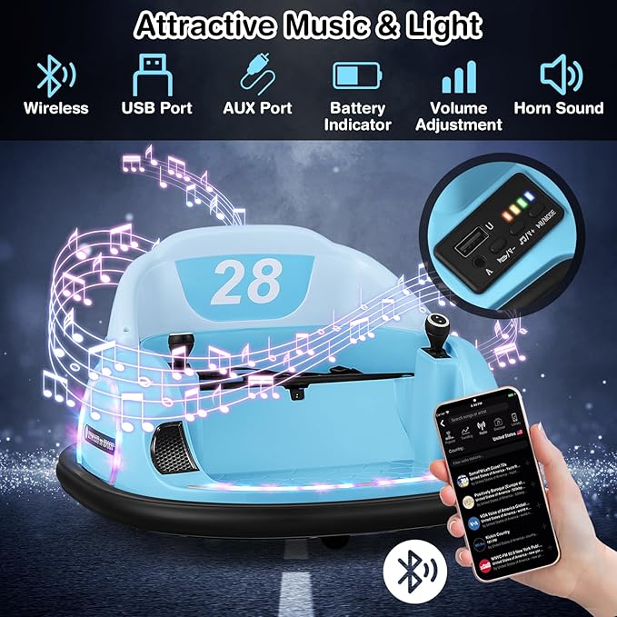GLACER 12V Bumper Car, Electric Kids Bumper Car w/Parental Remote, 3-Speed, 360°Spin, Music, LED Light, Battery Ride on Bumper Car w/Dual Joysticks, Baby Bumper Car for Toddlers 18 Months+ (Blue)