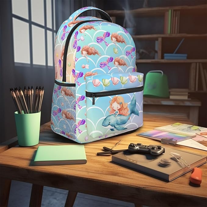Girls Mermaid & Whale Print School Backpack, Cute Ocean-Themed Book Bag for Kids Girls Boys, Waterproof Lightweight Ergonomics Backpack for Age 3-12, Ideal for School & Outdoor Activities