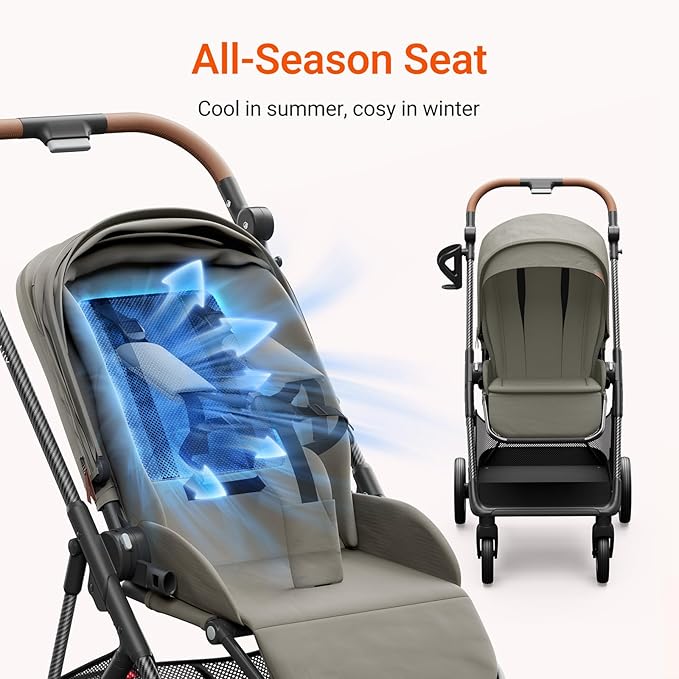 Air Lux Baby Stroller with Carbon Fiber Frame, One-Hand Fold & Reversible Seat, Magnetic 5-Pt Harness, Car Seat Adapter, 15.8lbs, Vetiver