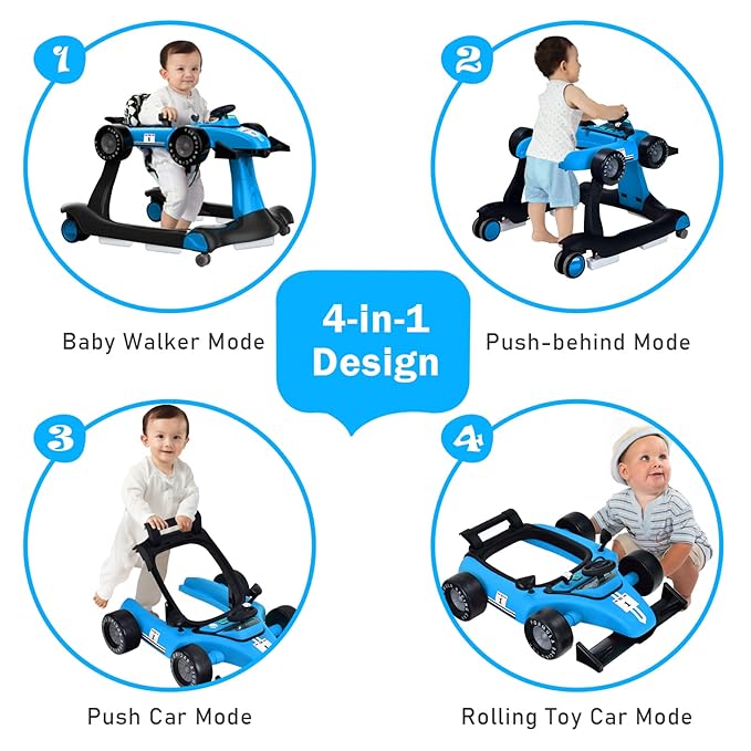 BABY JOY 4-in-1 Baby Walker, Foldable Activity Walker with Adjustable Height & Speed, Music, Lights, Anti-Rollover, Toddler Push Walker, Baby Walker with Wheels for Boys Girls 6-18 Months (Blue)
