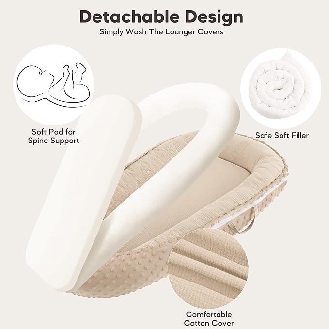 Baby Lounger - Infant Lounger Pillow for Newborn 0-24 Months, Soft, Breathable & Portable Baby Lounger Pillow for Boys & Girls, Cozy Baby Floor Seat for Home & Travel (Beige)