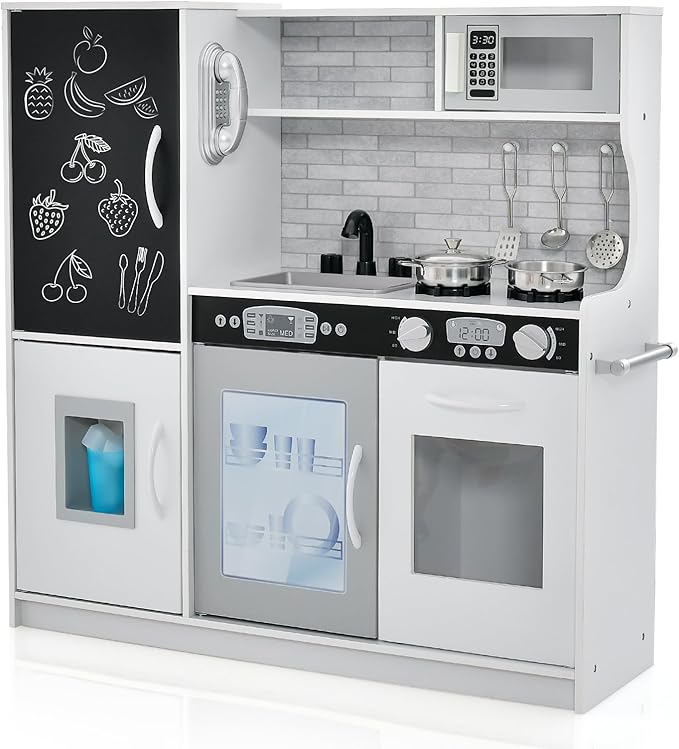 HONEY JOY Kids Kitchen Playset, Wooden Little Chef Pretend Toy Kitchen Set w/Chalkboard, Telephone, Utensils, Oven, Microwave, Sink, Storage, Play Kitchen for Toddlers, Gift for Boys Girls, White