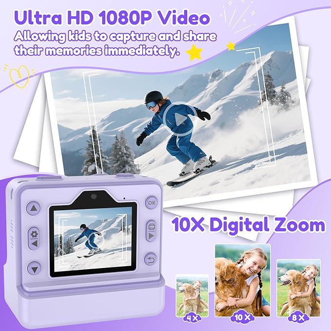 Instant Camera, Instant Print Camera for Kids with 1080P Videos, Front Rear Dual Selfie, 3 Rolls Print Paper & 32GB SD Cards, Christmas Birthday Gifts for Girls Age 3-12