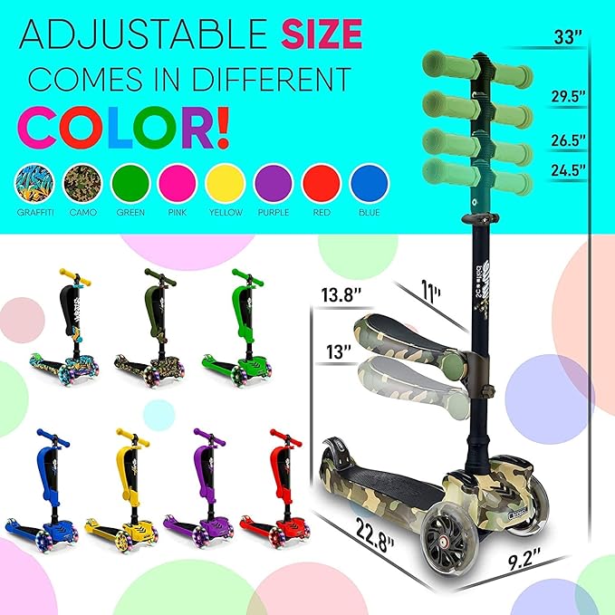 Hurtle 3-Wheeled Scooter for Kids - Wheel LED Lights, Adjustable Lean-to-Steer Handlebar, and Foldable Seat - Sit or Stand Ride with Brake for Boys and Girls Ages 1-14 Years Old