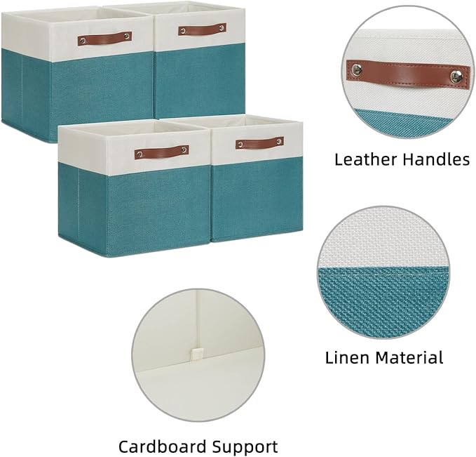 HNZIGE Storage Cubes Bins for Organization Set of 4, Fabric Storage Cube 12 x12, Collapsible Storage Bins Basket Cube with Handles, Canvas for Organizing Shelf Home Nursery(Teal White)