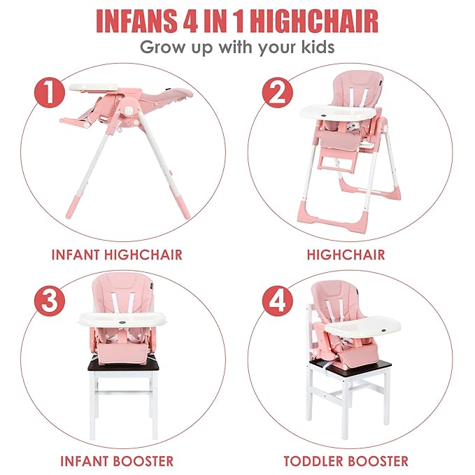 INFANS 4 in 1 High Chair–Booster Seat, Convertible Highchair w/Adjustable Height and Recline,Removable Tray,DetachableCushion, Installation-Free,Simple Fold for Baby, Infant& Toddler (Pink)