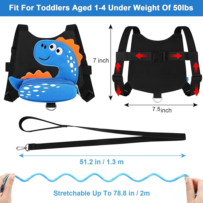 Accmor Toddler Harness Leash with Anti Lost Wrist Link, Cute Dinosaur Kids Harnesses Children Leashes, Baby Walking Harness Keep Child Close Wristband Strap for Boys Travel