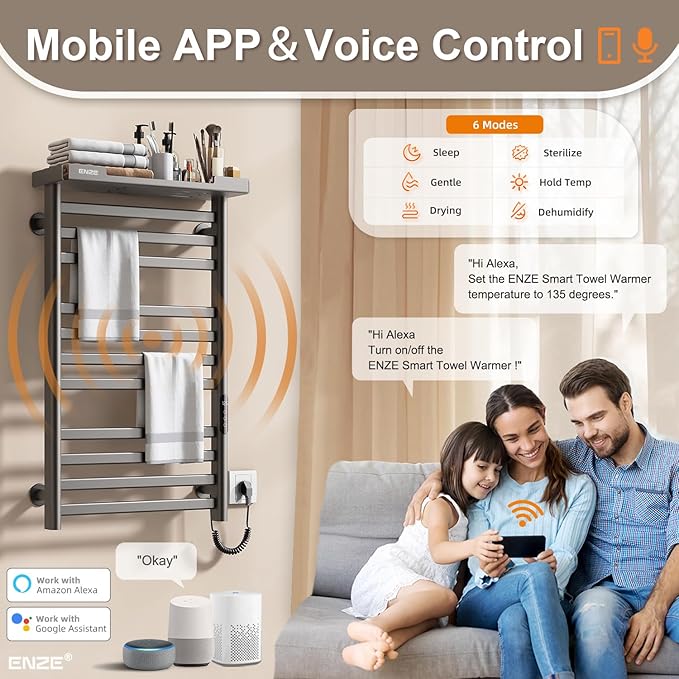 ENZE Heated Towel Rack with Shelf and Wi-Fi App Control, 11 Bars Electric Wall Mounted Towel Warmer with Timer & Adjustable Temperature, Low Carbon Steel, Plug-in/Hardwired, Gray