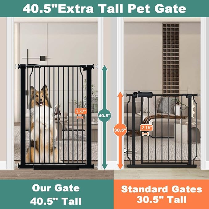 40.5" Extra Tall Baby Gate for Stairs, 63"-65.7" Extra Wide Long Dog Pet Gate, Auto Close Safety Child Gate Indoor, No Drill Adjustable No Climb Fence for Stairs Kid or Pet Black