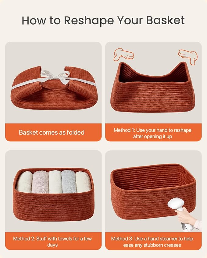 KALLAX Small Woven Basket, 13.5 x 9.5 x 5 Inches, Storage Basket for Organizing, Cute Small Rope Shelf Closet Cube Storage Bins Baskets for Shelves, Dog Toy Gift Baskets Empty, 3 Pack Rust Red