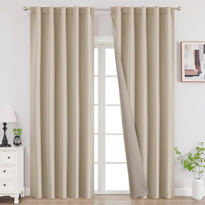 Joydeco Blackout Curtains 108 Inches Long, Thermal Insulated Black Out Curtains 2 Panels Set, Room Darkening Drapes for Living Room Window Rod Pocket Back Tab (W52 x L108 Inch, Light Beige)