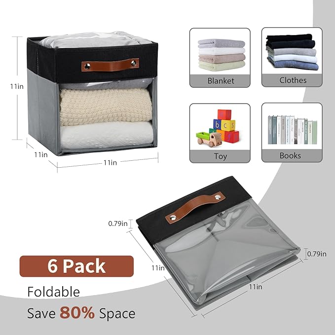 HNZIGE Cube Storage Bins 11 x 11, Fabric Cubes Storage Bins 11x11 Clear Storage Organizer,Canvas Storage Bin for Cube Storage, Cubby Collapsible Organizer Bin for Organizing Home(Gray Black 6PCS)