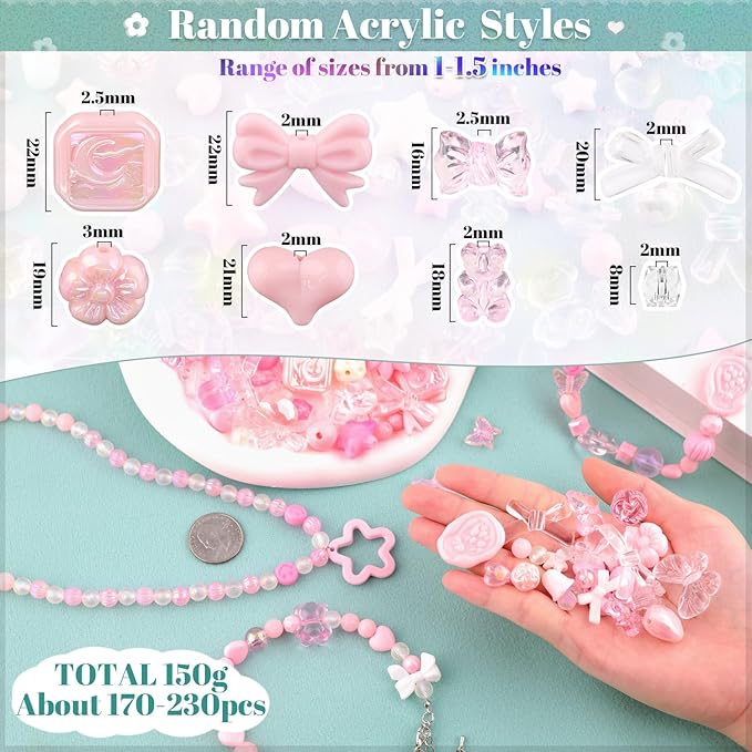 Assorted 170-230PCS Pink Acrylic Beads for Bracelet Making, Flower Bow Butterfly Candy GummyBear Aesthetic Bracelet Charms,Cute Beads for Jewelry Making DIY Necklace Keychain Phone Charm