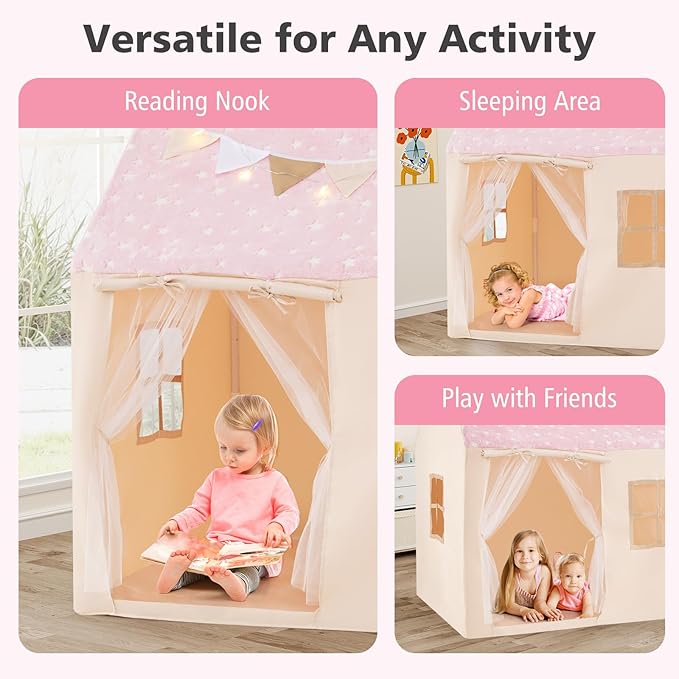 INFANS Kids Play Tent with Glow in The DarkWashable Mat Star Light Windows, Anti-Trip Large Playhouse Toys for Children Boys Girls, Indoor Outdoor Princess Tents Castle for Toddlers (Fluorescent Pink)