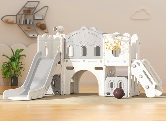 8 in 1 Toddler Slide Set, Kids Slide for Toddlers Age 1-3, Toddler Climber Slide PlaySet with Basketball Hoop,Outdoor Indoor Playground for Toddlers 1-3, White Gray