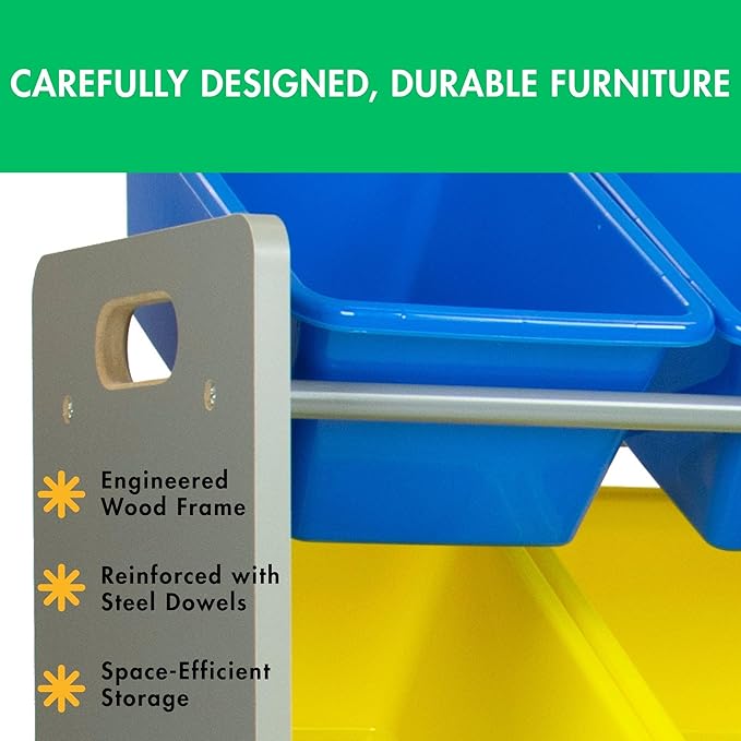 Humble Crew Kids Toy Storage Organizer with 12 Plastic Bins, Grey/Blue/Green/Yellow – Removable Bins for Playroom, Bedroom, Toddler Furniture for Boys and Girls Ages